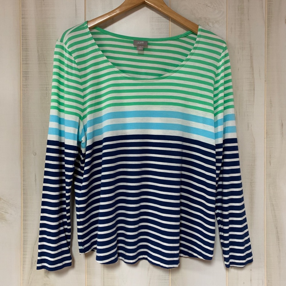 J.Jill Green Blue Navy Stripe Long Sleeve Tee L